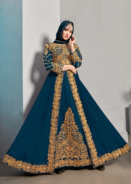 Teal and Gold Embroidered Jacket Style Anarkali