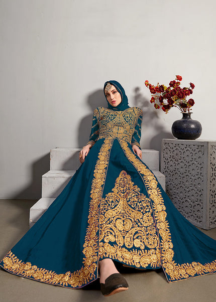 Teal and Gold Embroidered Jacket Style Anarkali