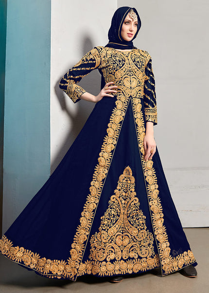 Blue and Gold Embroidered Jacket Style Anarkali