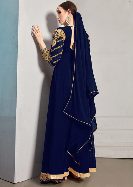 Blue and Gold Embroidered Jacket Style Anarkali