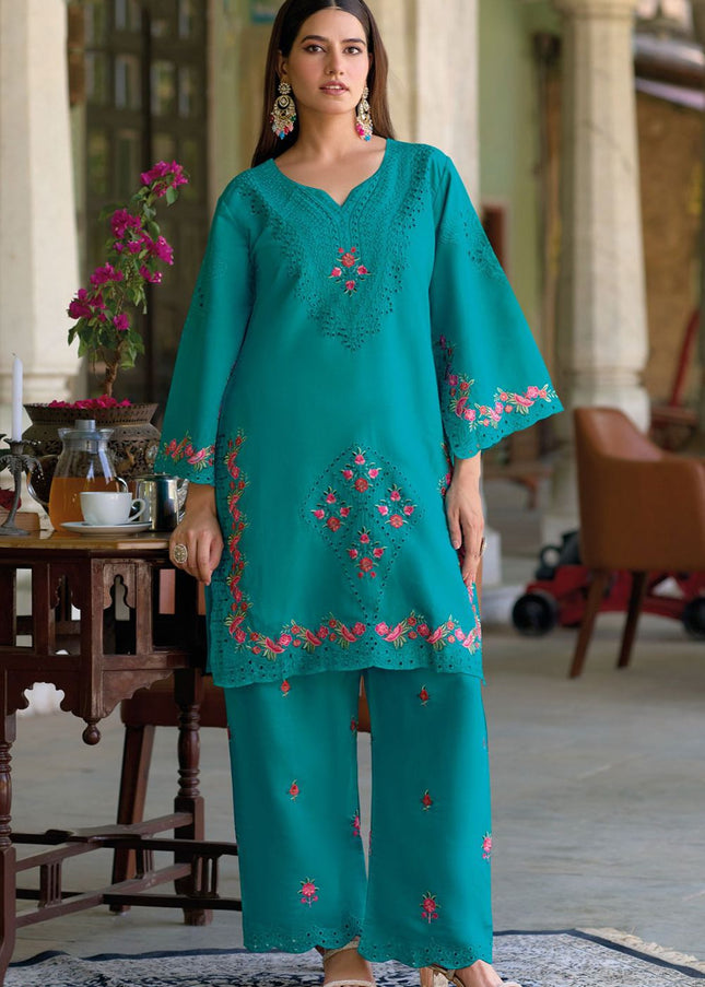 Blue Embroidered Pant Style Suit