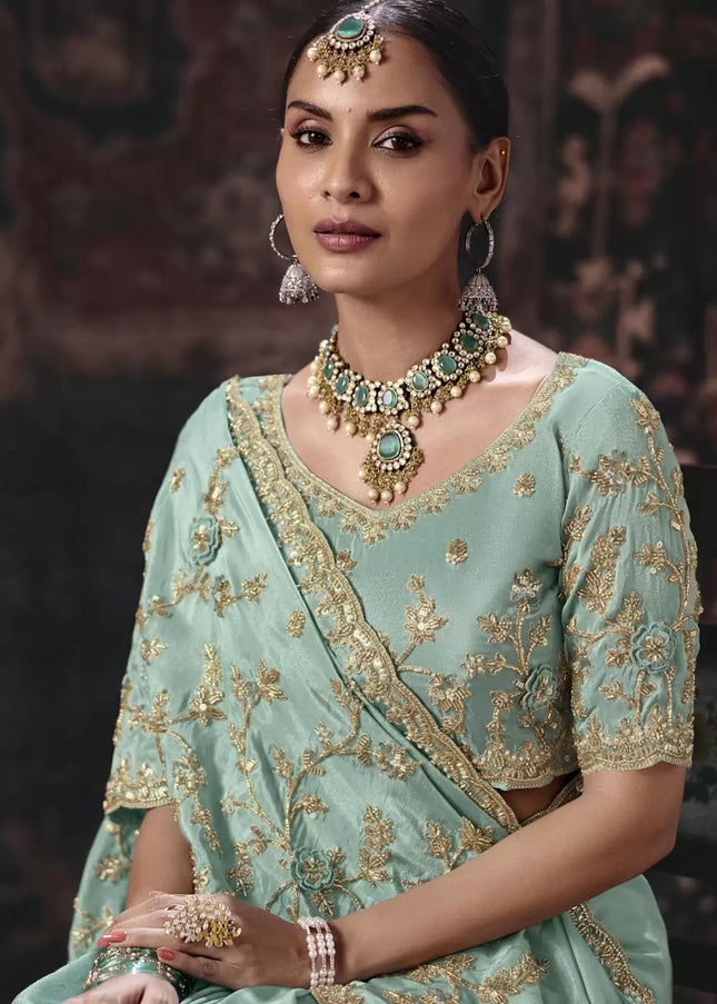 Sky Blue Embroidered Wedding Saree