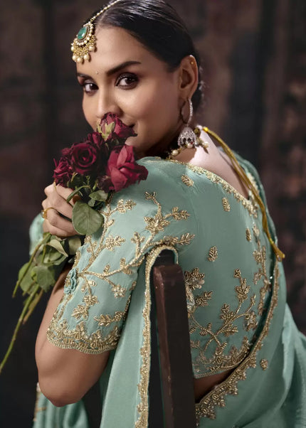 Sky Blue Embroidered Wedding Saree