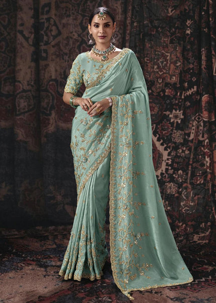 Sky Blue Embroidered Wedding Saree