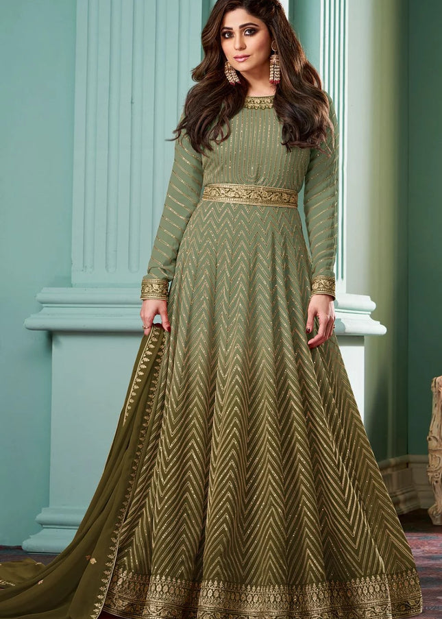 Green Embroidered Anarkali Gown