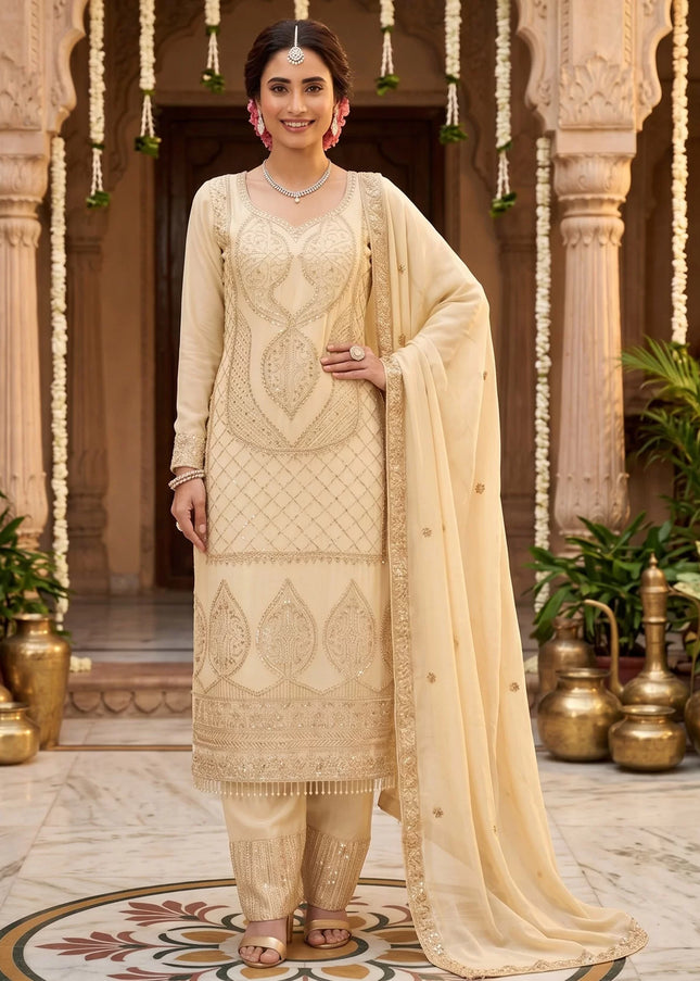 Cream Embroidered Pant Style Suit
