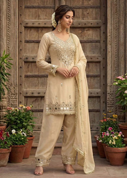 Cream Embroidered Pant Style Suit