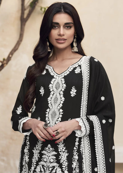 Black and White Embroidered Pant Style Suit