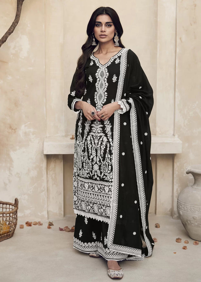 Black and White Embroidered Pant Style Suit