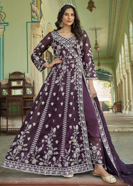 Purple Embroidered Pant Style Anarkali