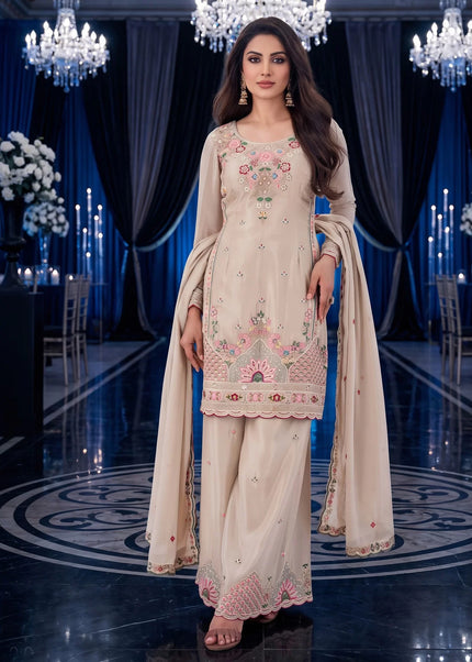 Beige Embroidered Sharara Suit