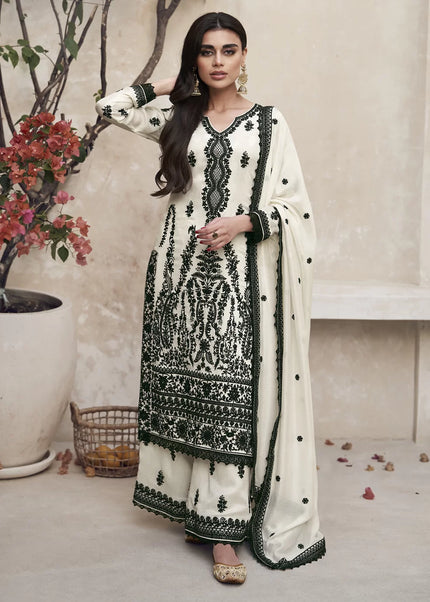 White and Black Embroidered Pant Style Suit