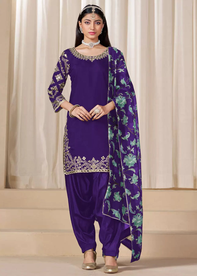 Purple Embroidered Punjabi Suit