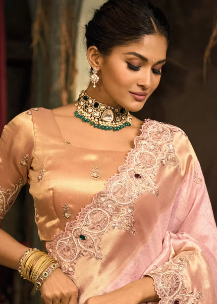 Pink and Peach Embroidered Saree
