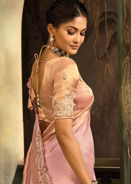 Pink and Peach Embroidered Saree