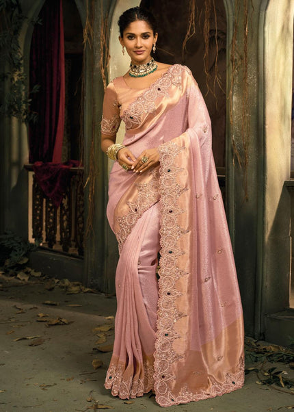 Pink and Peach Embroidered Saree