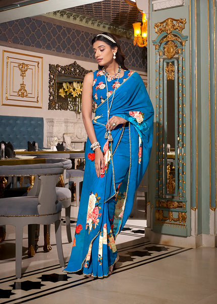 Blue Floral Printed Saree