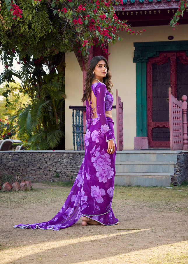 Purple Floral Printed and Embroidered Saree