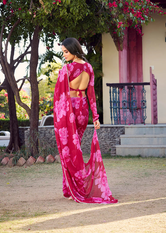 Pink Floral Printed and Embroidered Saree