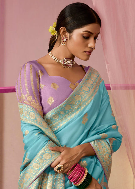 Sky Blue and Lavender Embroidered Wedding Saree