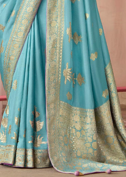 Sky Blue and Lavender Embroidered Wedding Saree