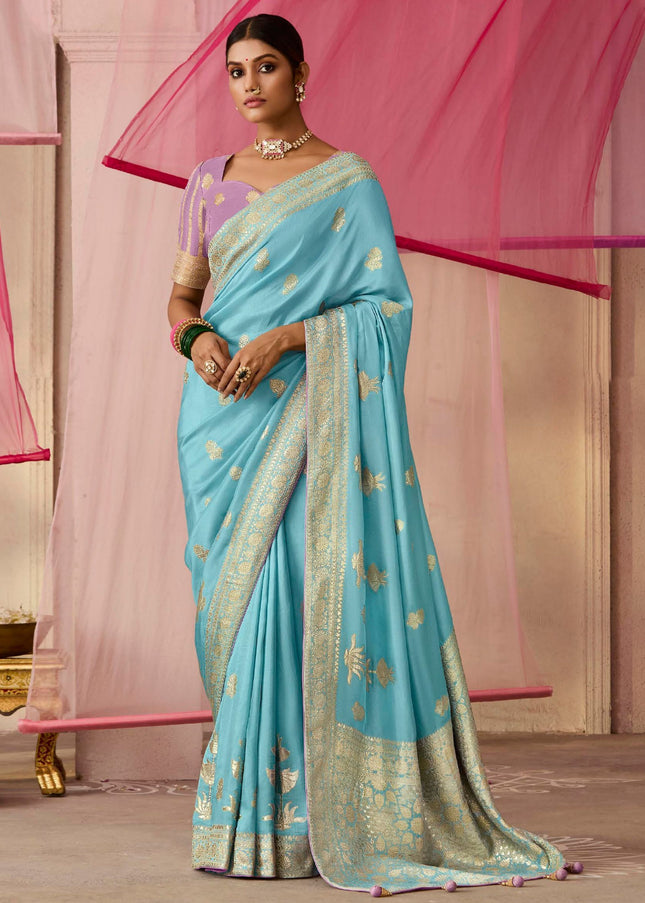 Sky Blue and Lavender Embroidered Wedding Saree