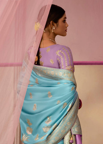Sky Blue and Lavender Embroidered Wedding Saree