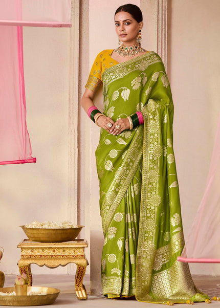 Green and Yellow Embroidered Wedding Saree