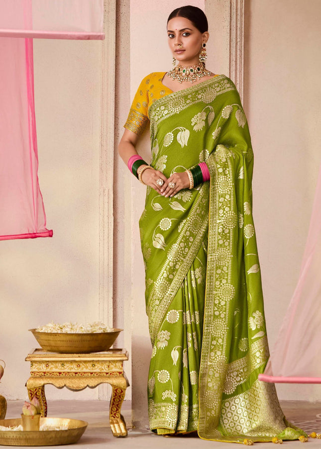 Green and Yellow Embroidered Wedding Saree
