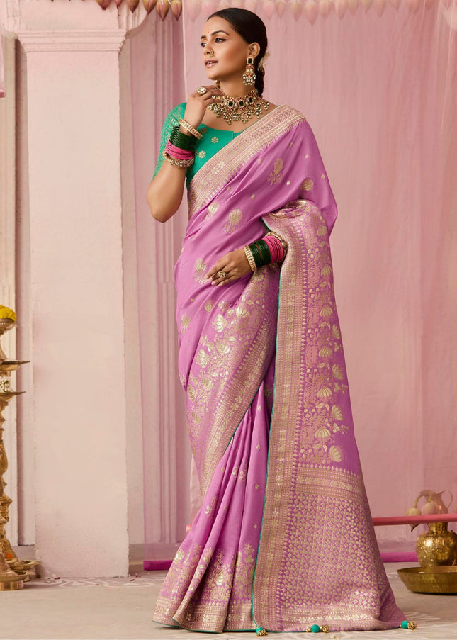 Pink and Sea Green Embroidered Wedding Saree