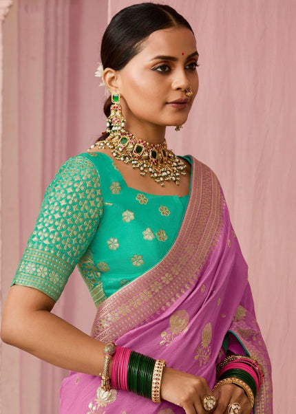 Pink and Sea Green Embroidered Wedding Saree