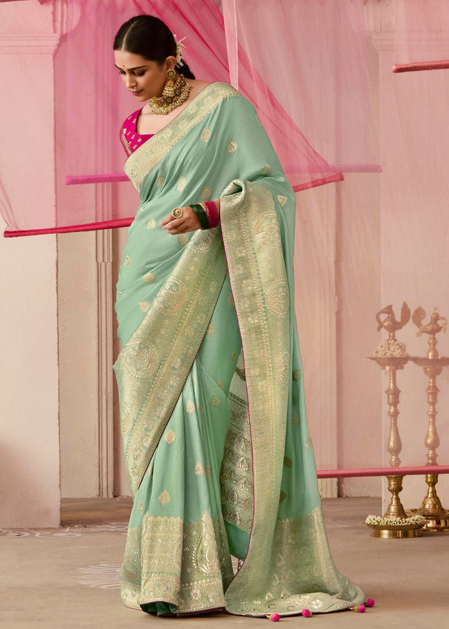 Sea Green and Maroon Embroidered Wedding Saree