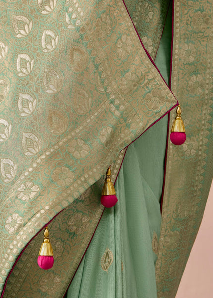 Sea Green and Maroon Embroidered Wedding Saree