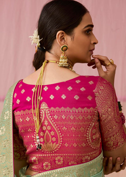 Sea Green and Maroon Embroidered Wedding Saree