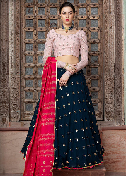 Blue and Light Pink Embroidered Lehenga