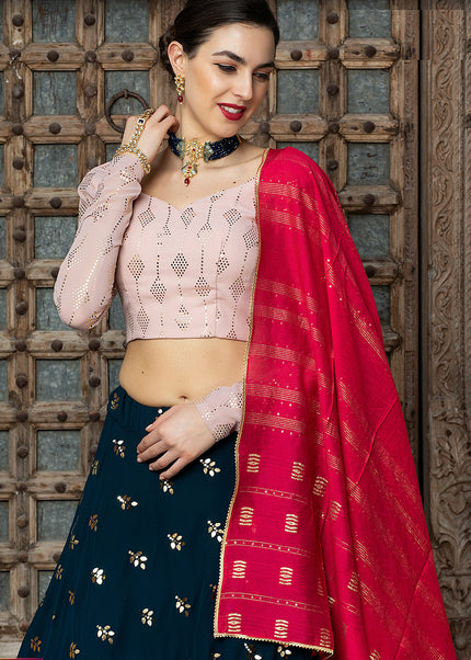 Blue and Light Pink Embroidered Lehenga