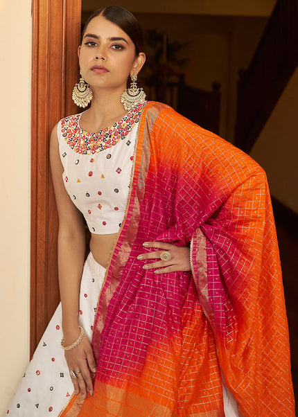 White and Orange Mirror Embroidered Lehenga