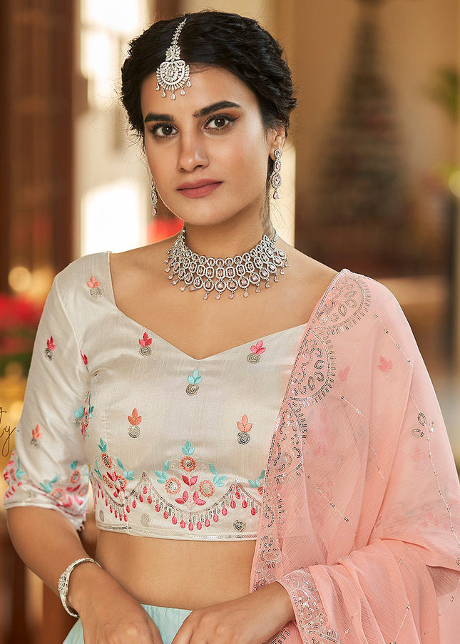 Sky Blue and Peach Embroidered Lehenga