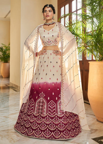 Beige and Maroon Embroidered Lehenga