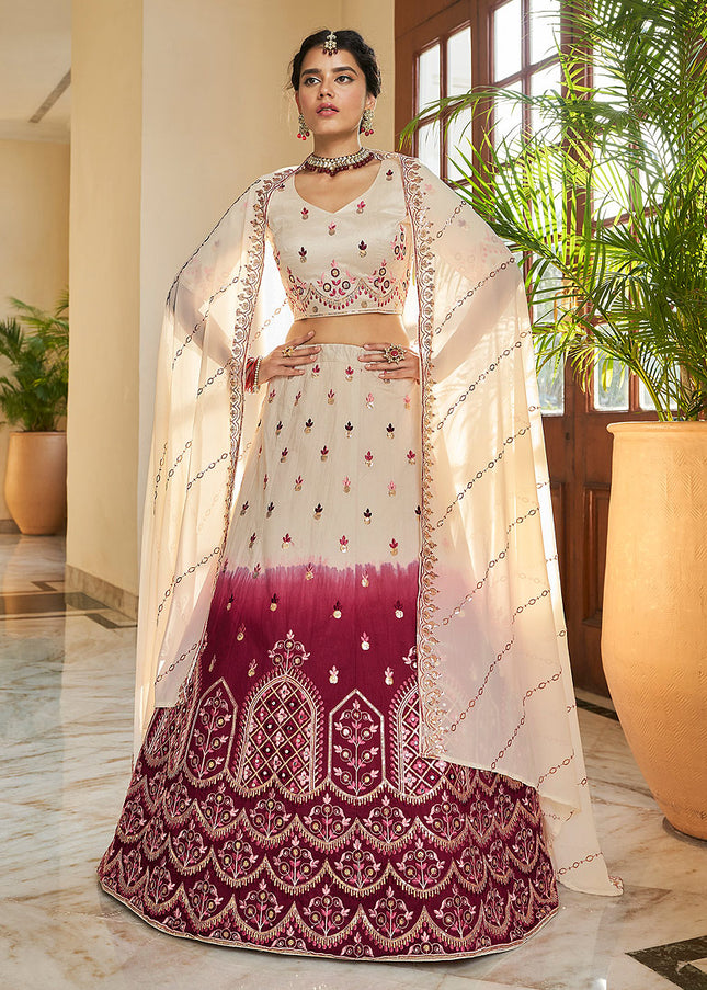 Beige and Maroon Embroidered Lehenga