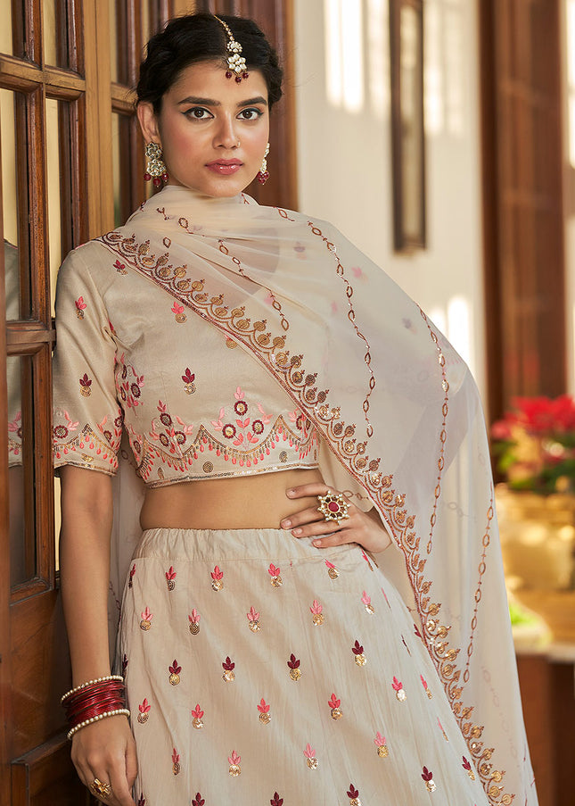 Beige and Maroon Embroidered Lehenga