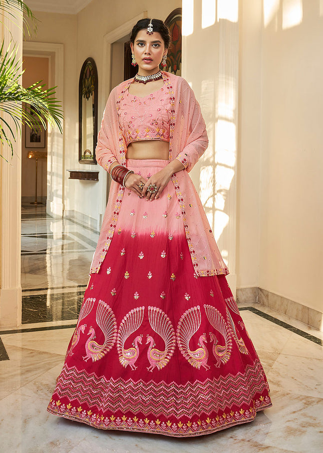 Peach and Pink Embroidered Lehenga