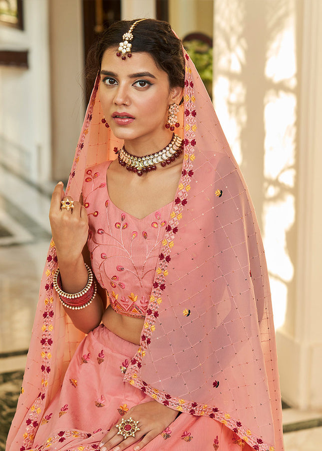Peach and Pink Embroidered Lehenga