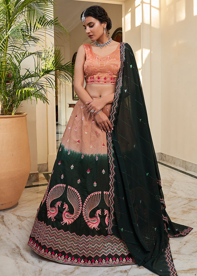 Rust and Green Embroidered Lehenga
