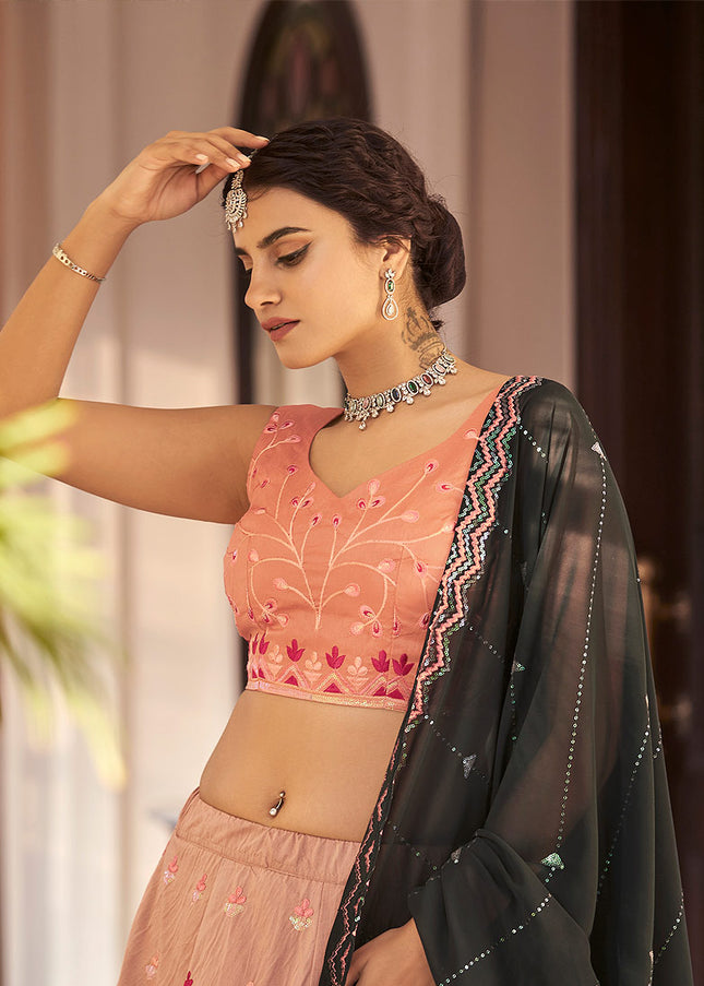 Rust and Green Embroidered Lehenga