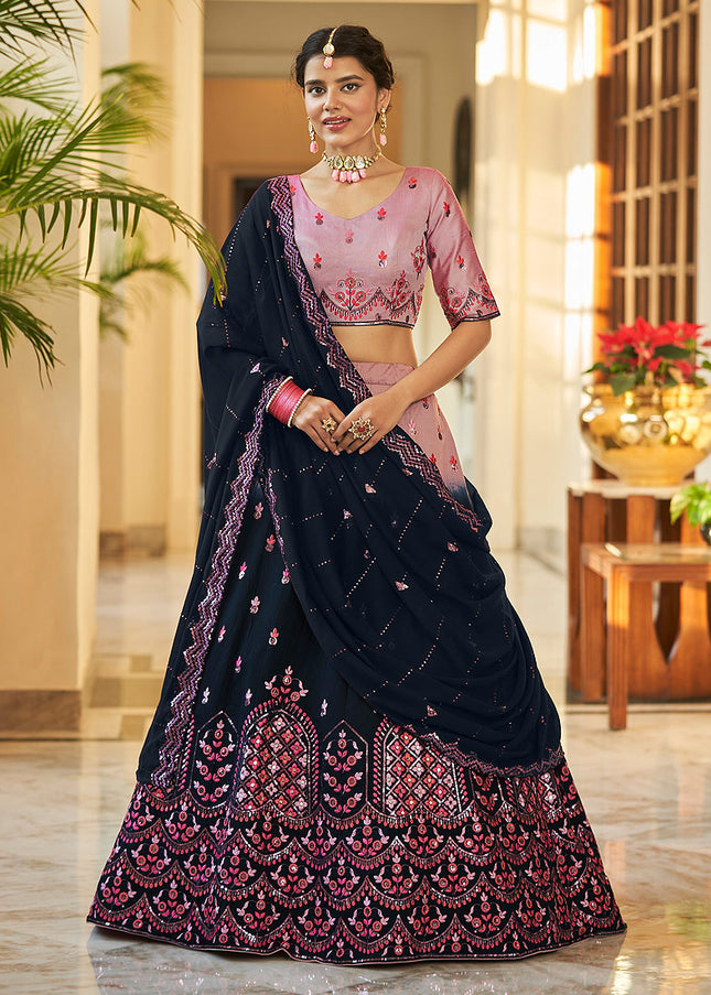 Pink and Navy Blue Embroidered Lehenga