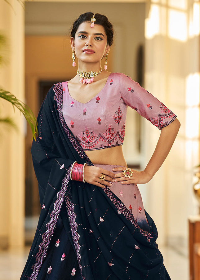 Pink and Navy Blue Embroidered Lehenga