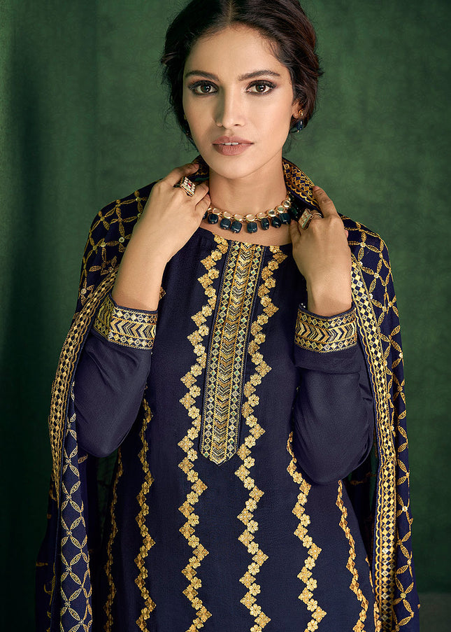 Blue and Gold Embroidered Pant Style Suit