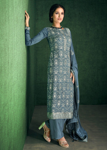 Blue Grey and Gold Embroidered Pant Style Suit