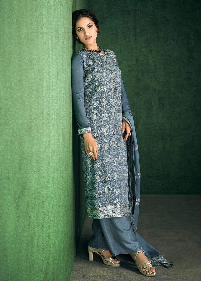 Blue Grey and Gold Embroidered Pant Style Suit